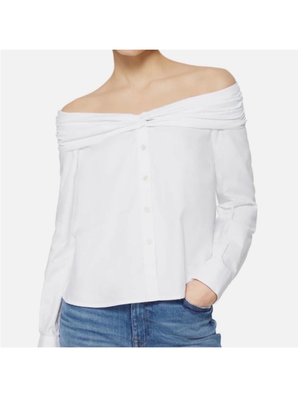 Like New Jonathan Simkhai Maia Oxford Off-the-Shoulder Top- White, Size Medium